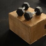 Pair of hex dumbbells on a wooden plyo box in a gym setting.