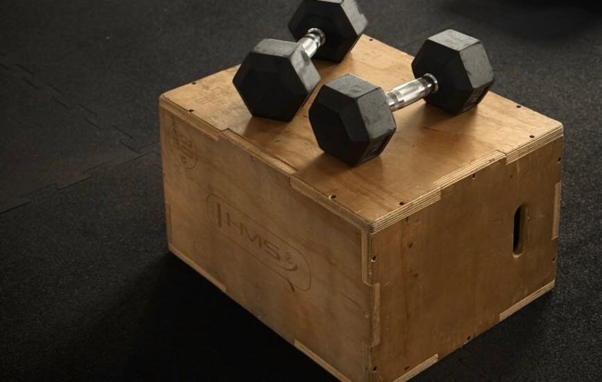 Pair of hex dumbbells on a wooden plyo box in a gym setting.