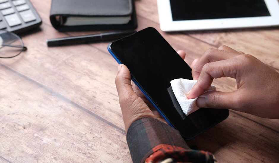 Person wiping a smartphone screen with a cloth, illustrating phone hygiene for the UV phone sanitizer evidence article