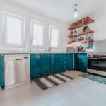 Contemporary kitchen with blue cabinets and striped anti-fatigue mats placed in front of the sink and stove, illustrating options for kitchen comfort in anti-fa