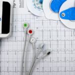 Portable ECG monitor, electrode pads, and lead wires on an ECG printout, illustrating home heart monitoring devices for the best ECG monitors for home use in 20