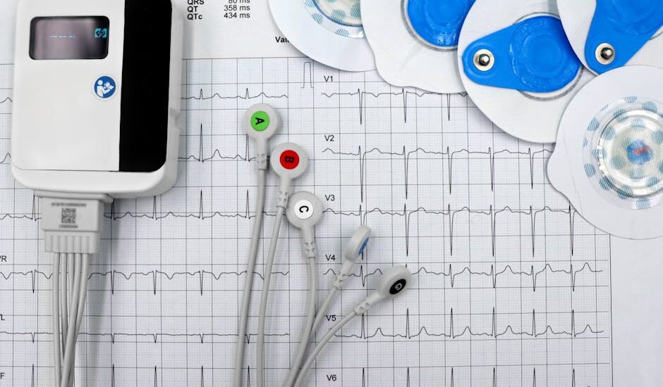 Portable ECG monitor, electrode pads, and lead wires on an ECG printout, illustrating home heart monitoring devices for the best ECG monitors for home use in 20