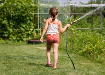 Back view of a young girl watering a garden with a hose on a sunny day.