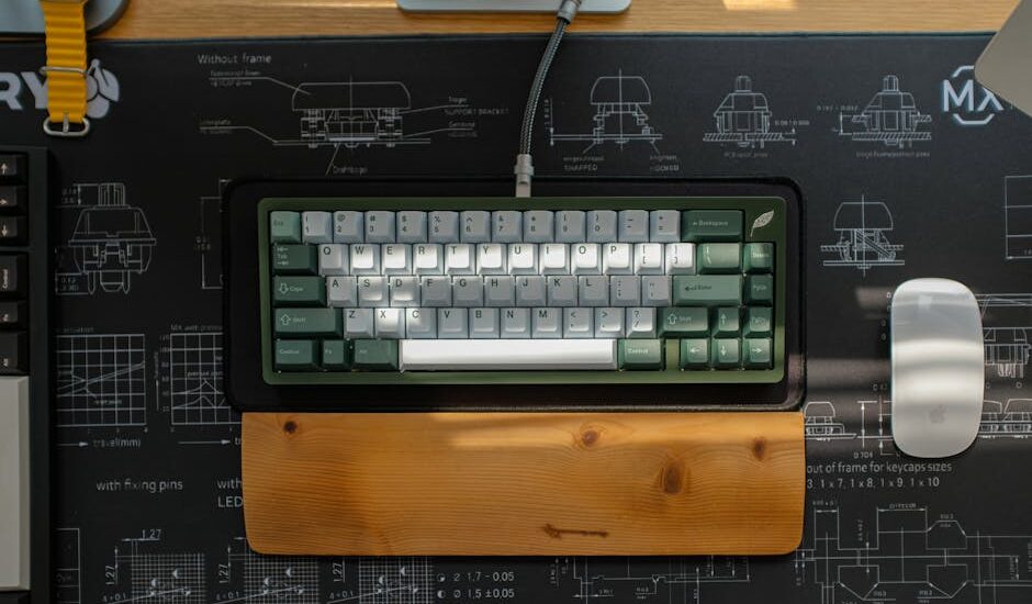 A compact ergonomic keyboard with green and white keys and a wooden wrist rest, shown on a desk for a 2026 ergonomic keyboard guide.