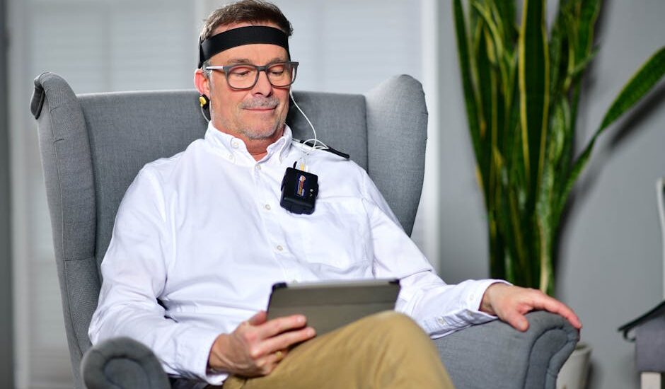 Man sits in an armchair using a tablet and wearing a headband-style mindfulness device, illustrating top mindfulness tech for 2026.