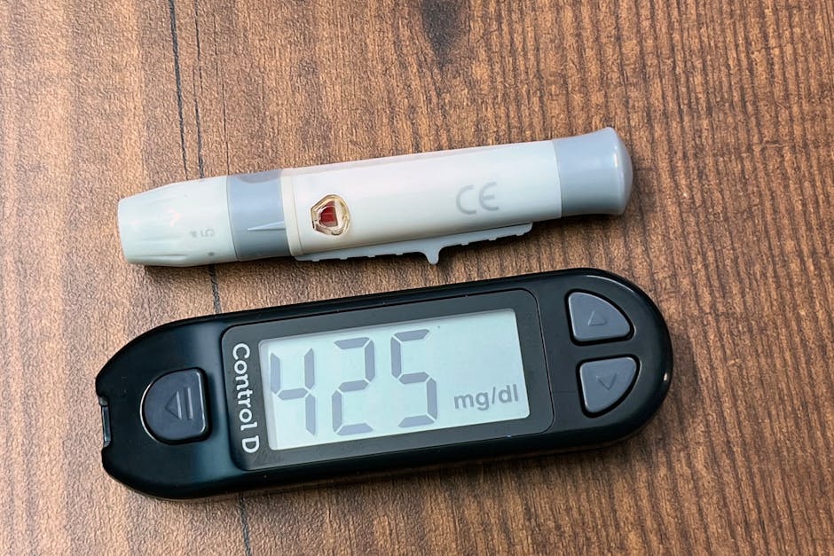 A glucometer displaying high glucose reading of 425 mg/dL, essential for diabetes care.
