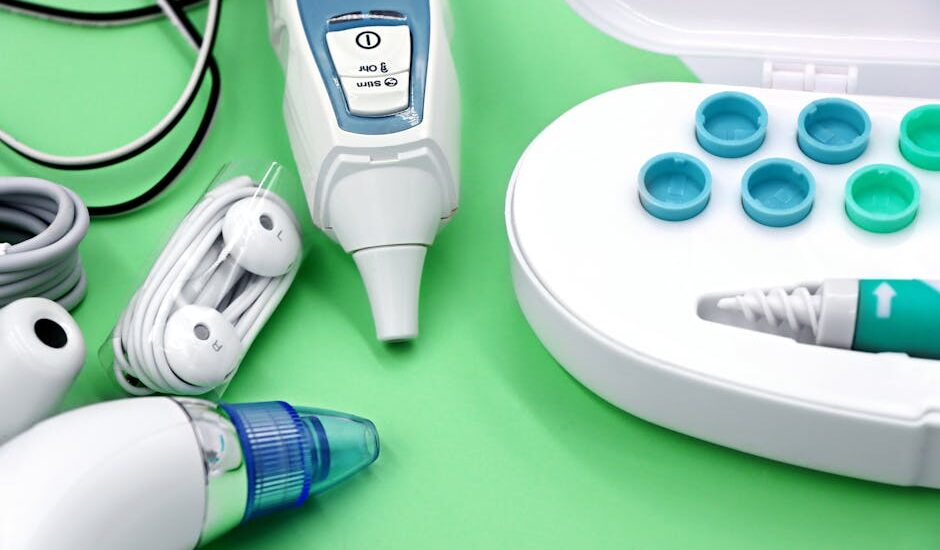 A variety of ear care devices including ear buds, medical instruments, and cleaning tools.