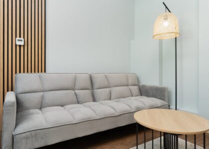 Contemporary living room featuring a grey sofa, wooden accents, and a woven lamp for a minimalist look.