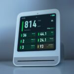 An air quality monitor showing CO2, PM levels, and other readings related to air quality.