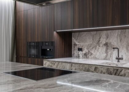 A sleek kitchen countertop featuring an electric pill crusher among modern appliances.