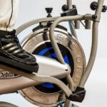 Close-up of a foot on an elliptical trainer, relevant to elliptical trainer vs stair climber article.