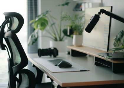 A smart sensing chair positioned at a desk, illustrating posture detection technology.